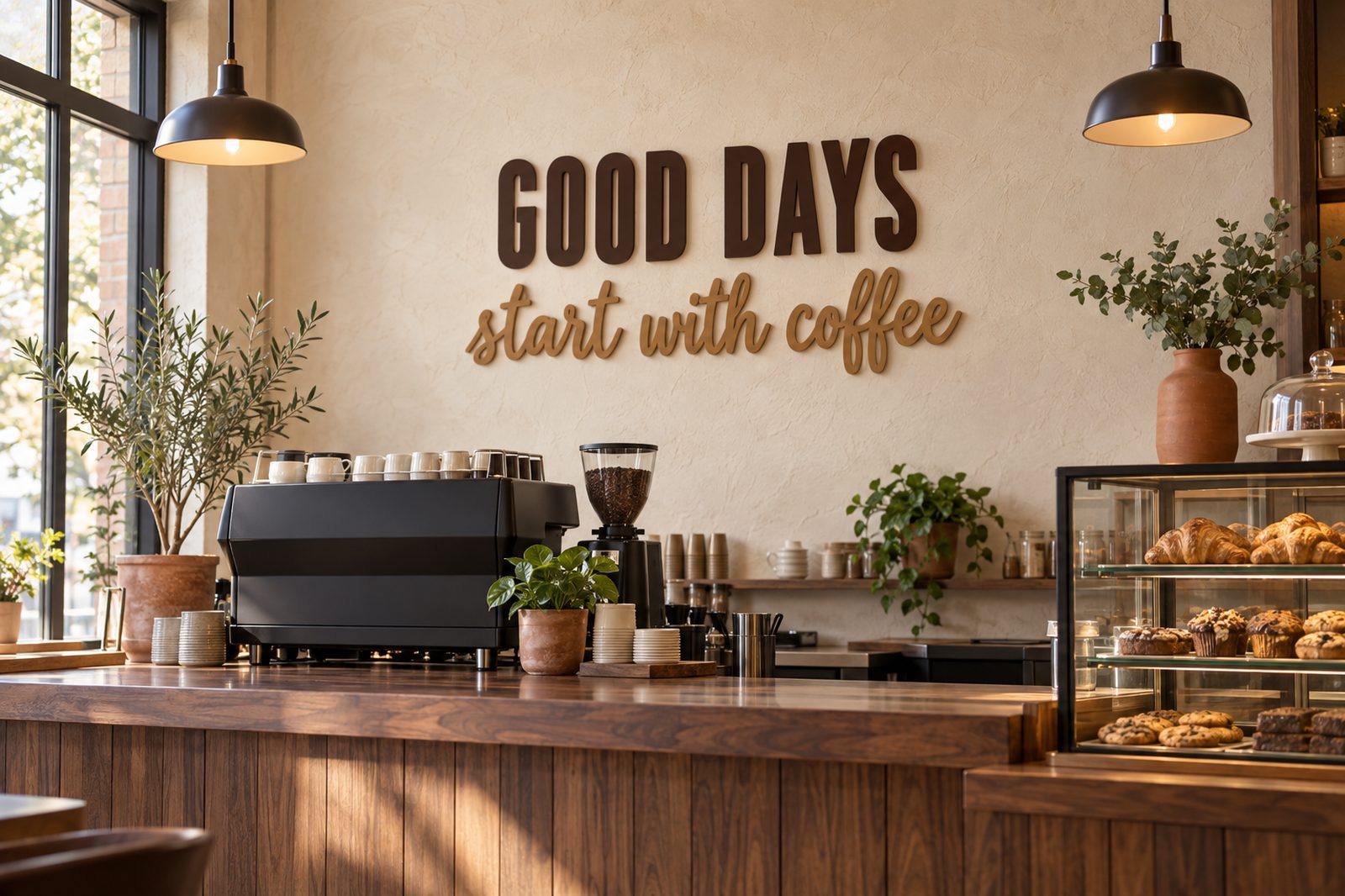 GOOD DAYS start with coffee in brown block and script letters above a café espresso bar