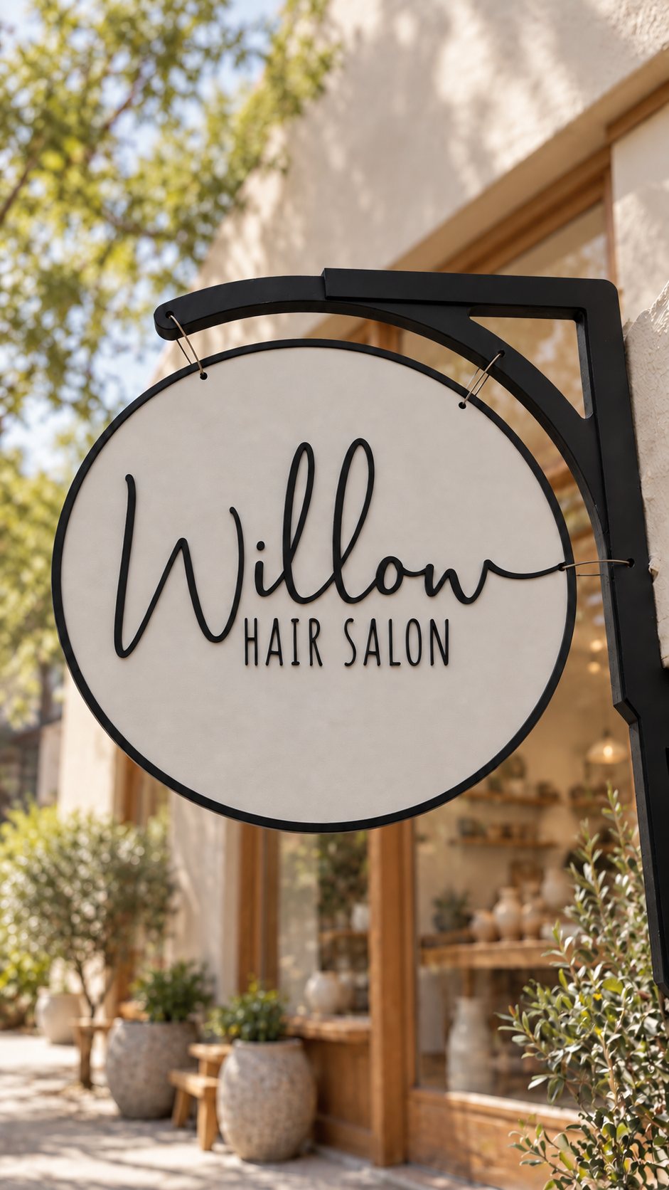 A round hanging sign reading Willow Hair Salon in black script and capitals on a white disc with a black rim, outside a shop