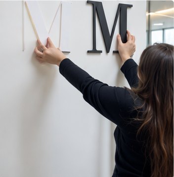 Pressing a black letter M onto a wall by hand