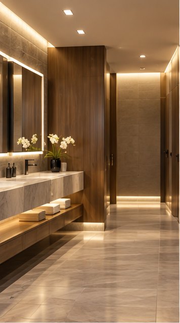 A restroom corridor in warm wood and stone