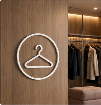 A white coat-hanger symbol in a circle on a wood wall