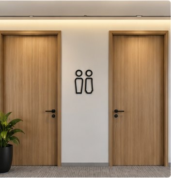 A small black restroom sign between two wooden doors