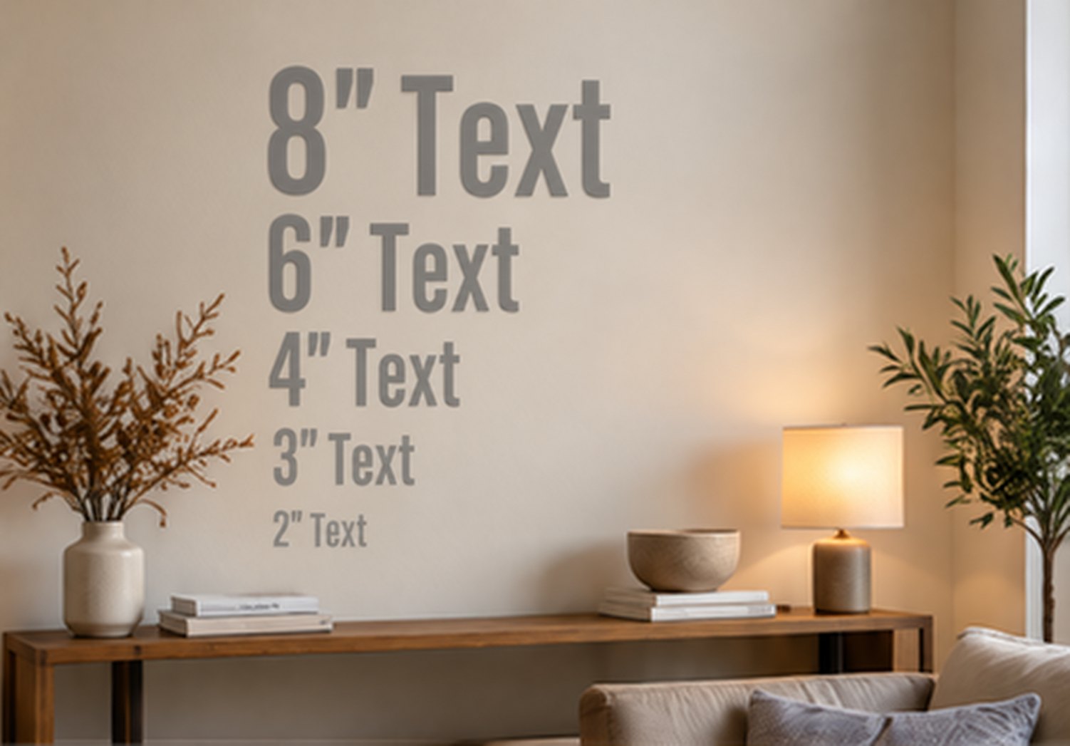 Sans-serif wall lettering shown to scale at 8, 6, 4, 3 and 2 inches tall on a living-room wall
