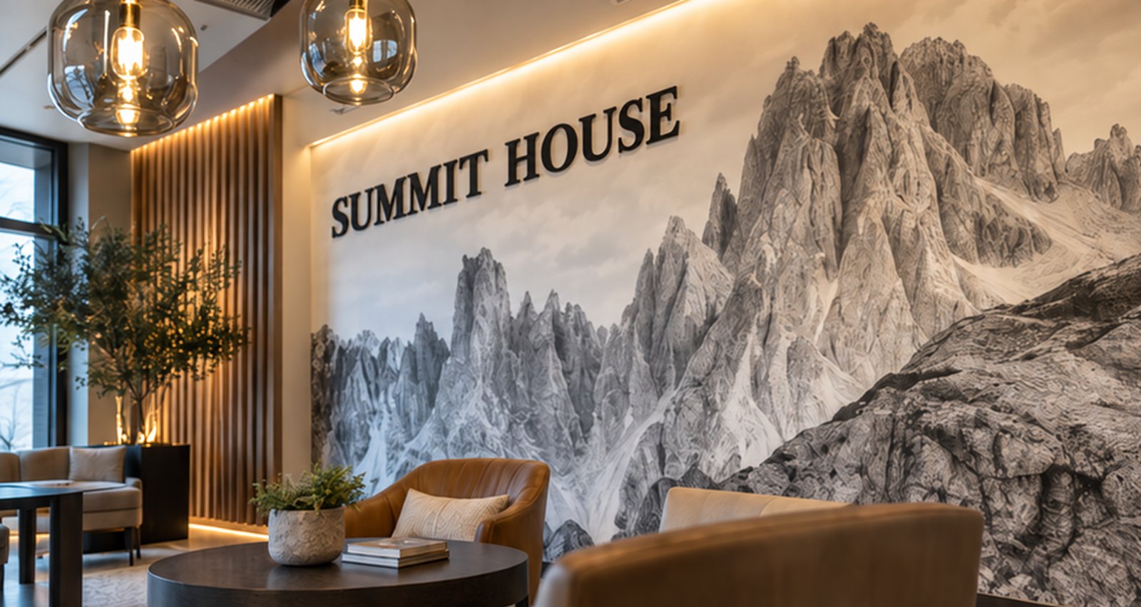 SUMMIT HOUSE in black 3D serif letters across a hotel lobby wall