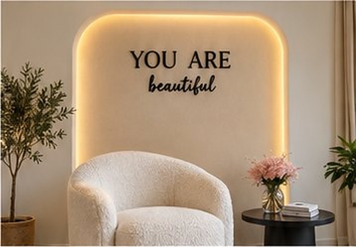 YOU ARE beautiful in block and script letters in a lit alcove