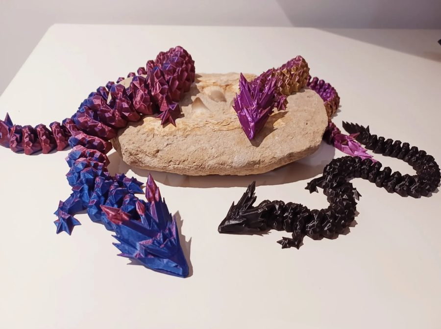 Articulated crystal dragons, 3D printed in Wentzville