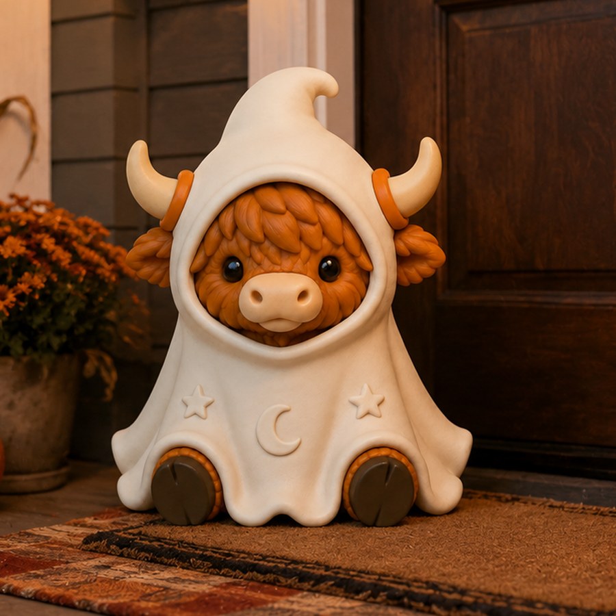 An 8 inch 3D printed Highland cow wearing a ghost sheet with horns poking through, sitting on a porch step
