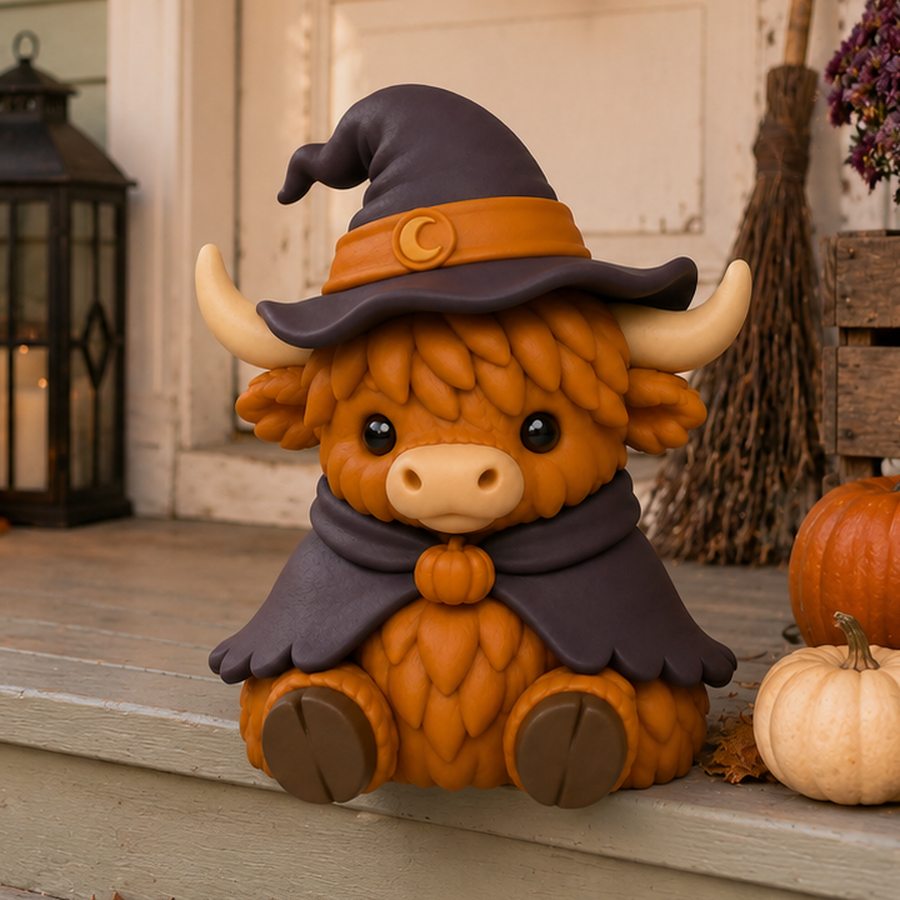 An 8 inch 3D printed Highland cow wearing a purple witch hat and cape, sitting on a porch step beside pumpkins
