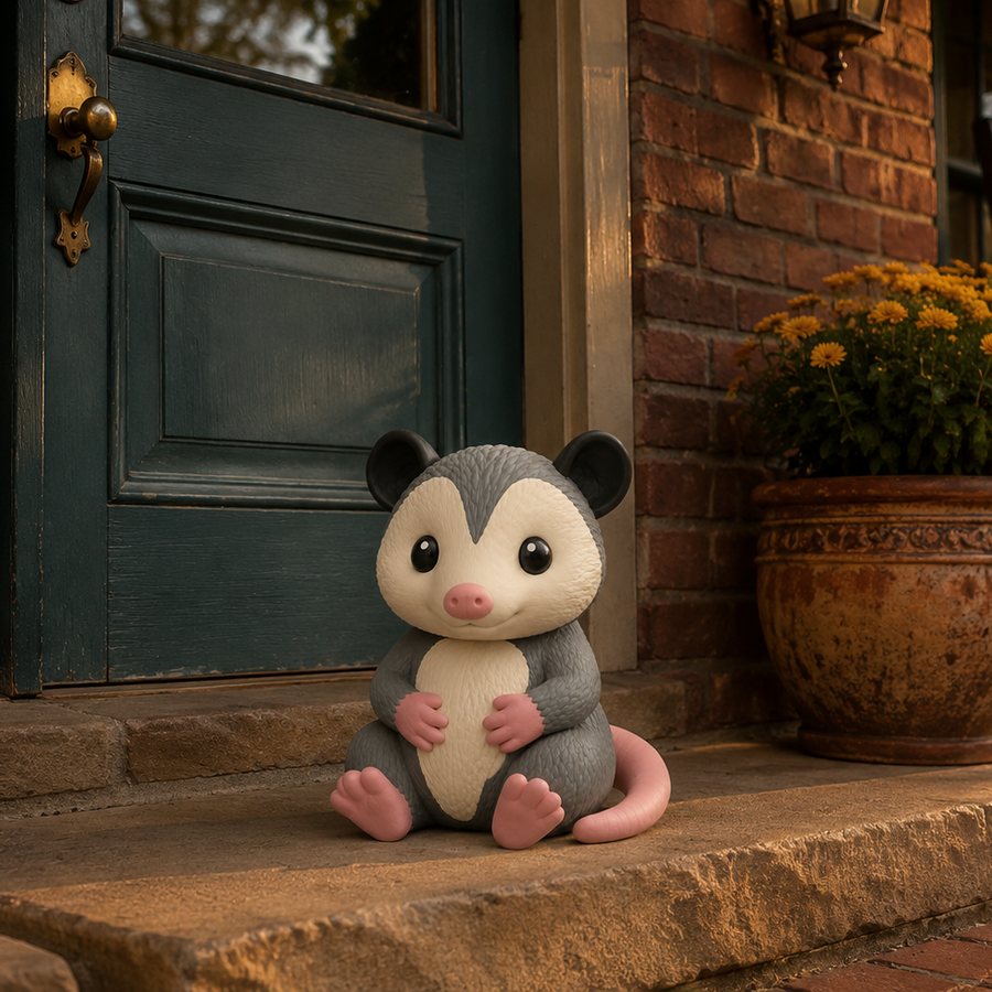 An 8 inch 3D printed opossum figure sitting on a brick porch step beside a pot of yellow mums