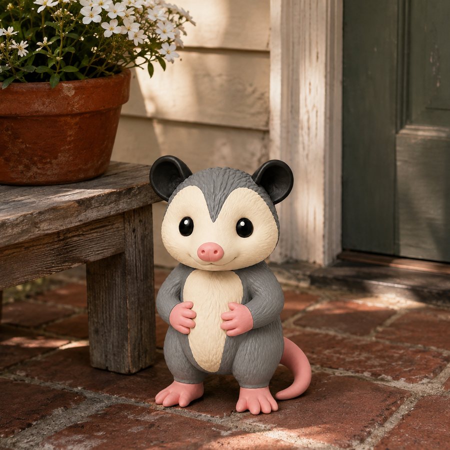A 10 inch 3D printed opossum figure standing on a brick porch step beside a wooden bench