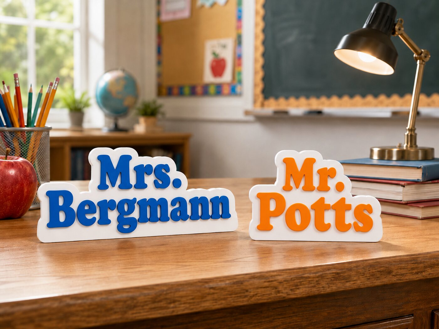 Two 3D printed teacher desk signs on a classroom desk: Mrs. Bergmann in blue on white, and Mr. Potts in orange on white