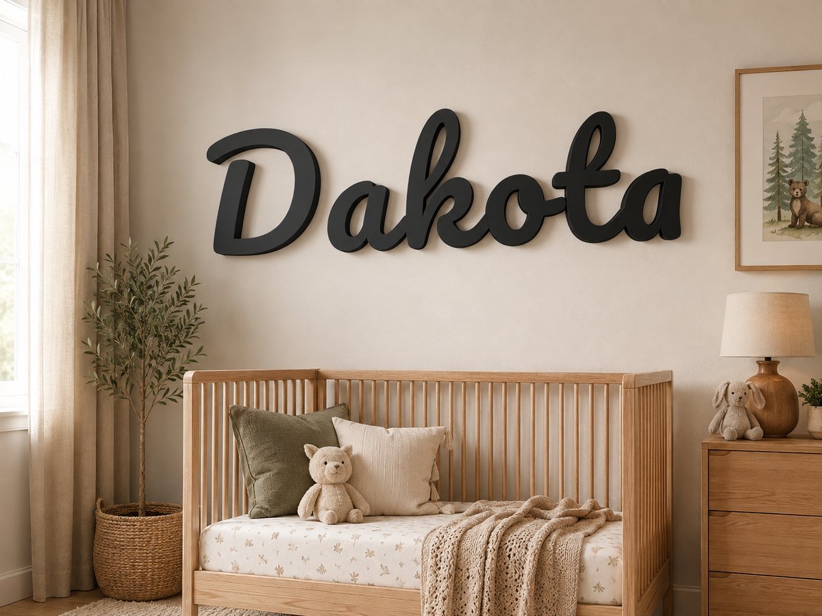 Large 3D printed wall letters spelling Dakota, mounted on a nursery wall